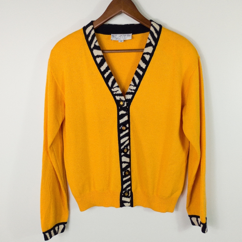 St. John By Marie Gray Yellow Zebra Trim Cardigan Size Medium